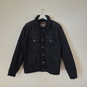 Mens Pull&Bear Black Denim Jacket with Sherpa Collar